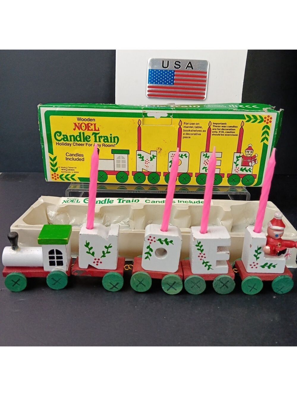 1982 Giftco Wooden NOEL Candle Train Vintage White Painted Candles. Not Perfect